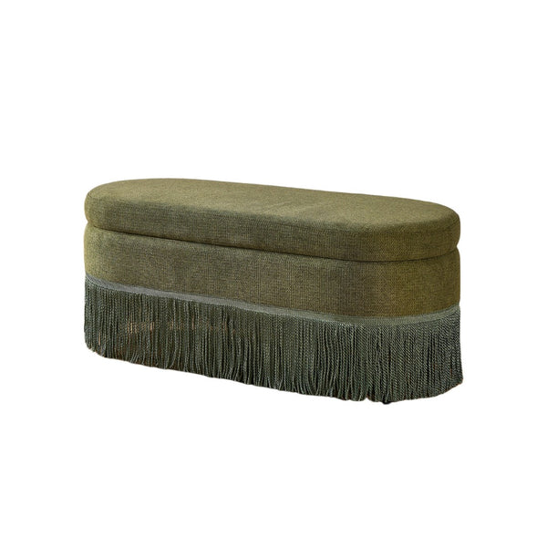 English Elm Oval Linen Storage Ottoman with Fringe Trim Lift Top Hidden Compartment Footrest W5501P500248