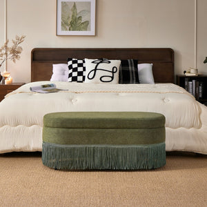 English Elm Oval Linen Storage Ottoman with Fringe Trim Lift Top Hidden Compartment Footrest W5501P500248