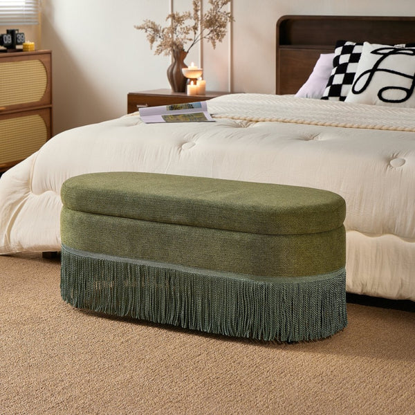 English Elm Oval Linen Storage Ottoman with Fringe Trim Lift Top Hidden Compartment Footrest W5501P500248