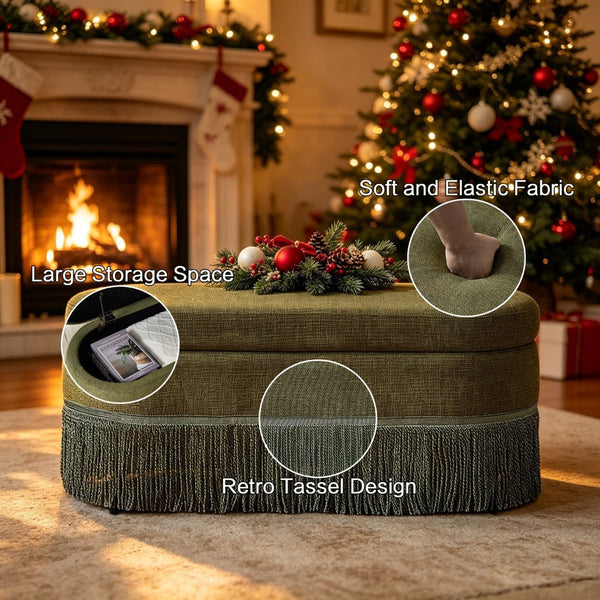 English Elm Oval Linen Storage Ottoman with Fringe Trim Lift Top Hidden Compartment Footrest W5501P500248