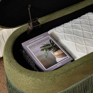 English Elm Oval Linen Storage Ottoman with Fringe Trim Lift Top Hidden Compartment Footrest W5501P500248