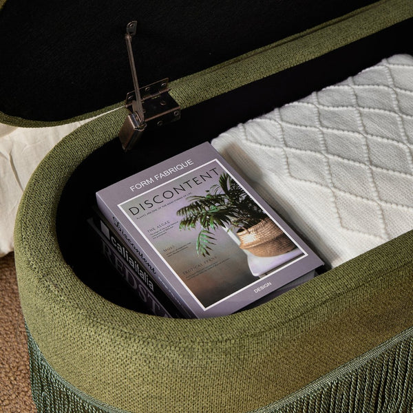 English Elm Oval Linen Storage Ottoman with Fringe Trim Lift Top Hidden Compartment Footrest W5501P500248