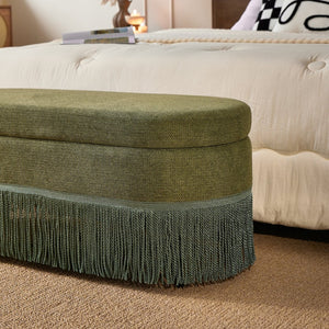 English Elm Oval Linen Storage Ottoman with Fringe Trim Lift Top Hidden Compartment Footrest W5501P500248