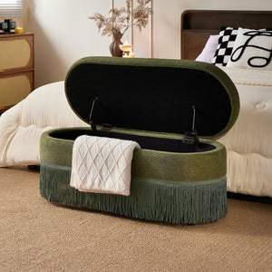 English Elm Oval Linen Storage Ottoman with Fringe Trim Lift Top Hidden Compartment Footrest W5501P500248
