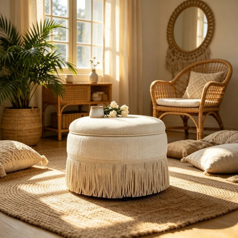 English Elm Round Upholstered Storage Ottoman Tassel Fringe Footstool for Living Room Bohemian Decor W5501P548365