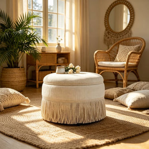 English Elm Round Upholstered Storage Ottoman Tassel Fringe Footstool for Living Room Bohemian Decor W5501P548365