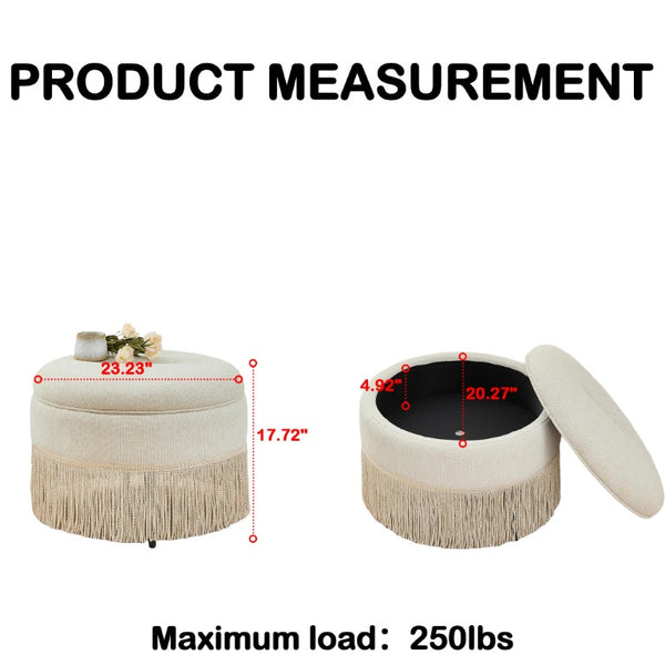 English Elm Round Upholstered Storage Ottoman Tassel Fringe Footstool for Living Room Bohemian Decor W5501P548365