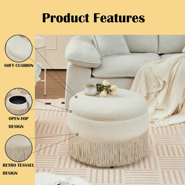 English Elm Round Upholstered Storage Ottoman Tassel Fringe Footstool for Living Room Bohemian Decor W5501P548365