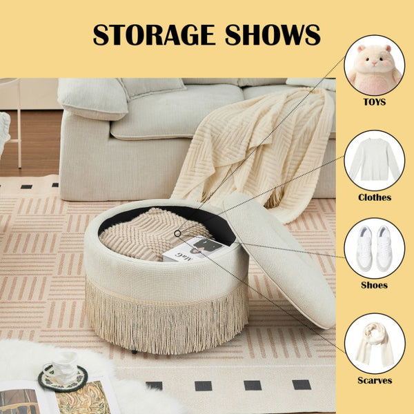 English Elm Round Upholstered Storage Ottoman Tassel Fringe Footstool for Living Room Bohemian Decor W5501P548365