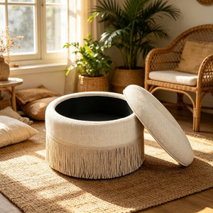 English Elm Round Upholstered Storage Ottoman Tassel Fringe Footstool for Living Room Bohemian Decor W5501P548365