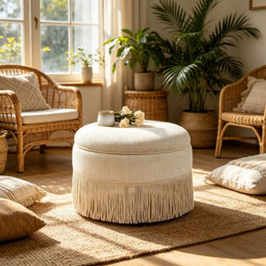 English Elm Round Upholstered Storage Ottoman Tassel Fringe Footstool for Living Room Bohemian Decor W5501P548365