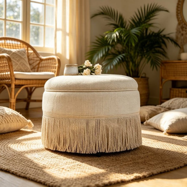English Elm Round Upholstered Storage Ottoman Tassel Fringe Footstool for Living Room Bohemian Decor W5501P548365