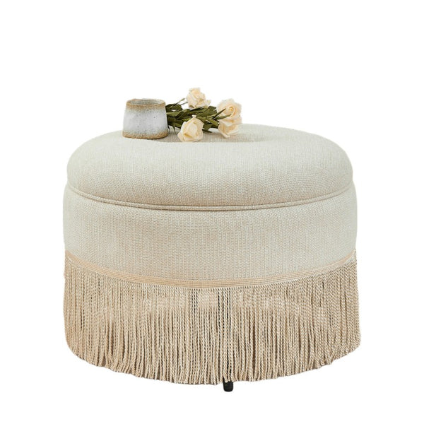 English Elm Round Upholstered Storage Ottoman Tassel Fringe Footstool for Living Room Bohemian Decor W5501P548365