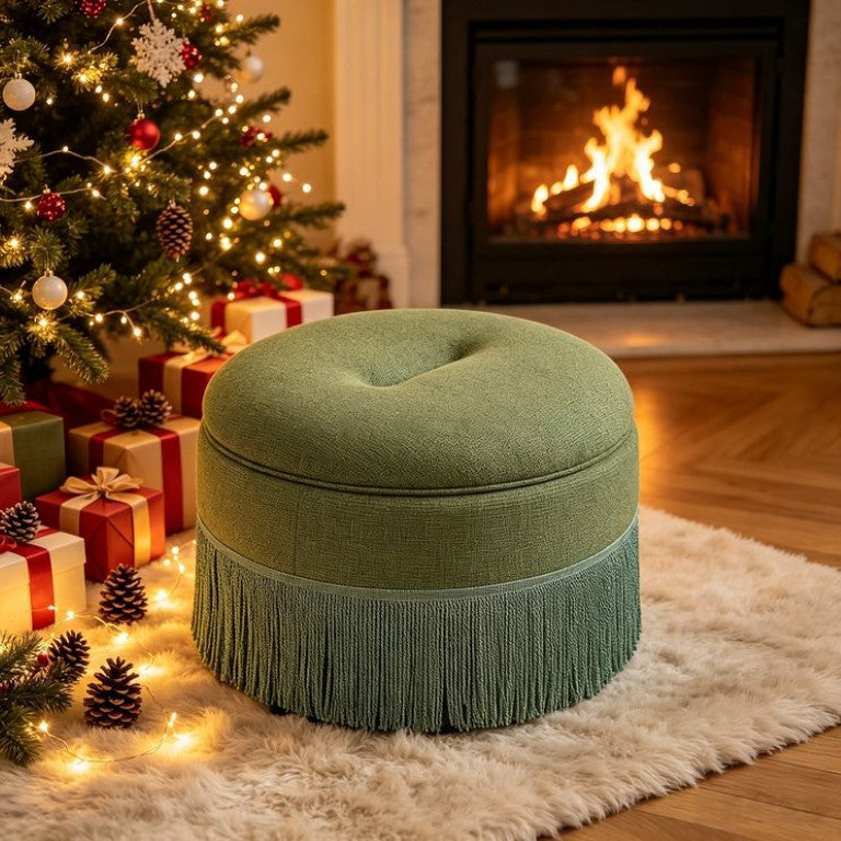 English Elm Round Fabric Storage Ottoman Bohemian Tassel Footstool for Living Room or Bedroom Green W5501P548372