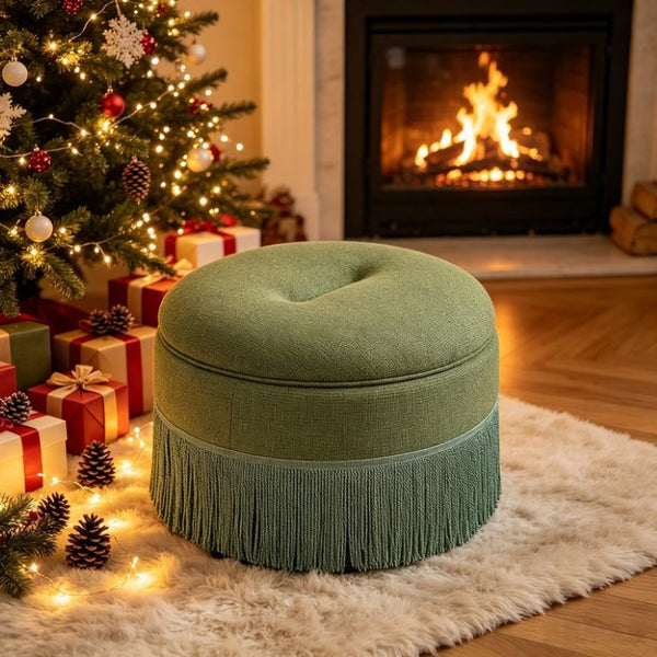 English Elm Round Fabric Storage Ottoman Bohemian Tassel Footstool for Living Room or Bedroom Green W5501P548372