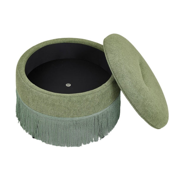 English Elm Round Fabric Storage Ottoman Bohemian Tassel Footstool for Living Room or Bedroom Green W5501P548372
