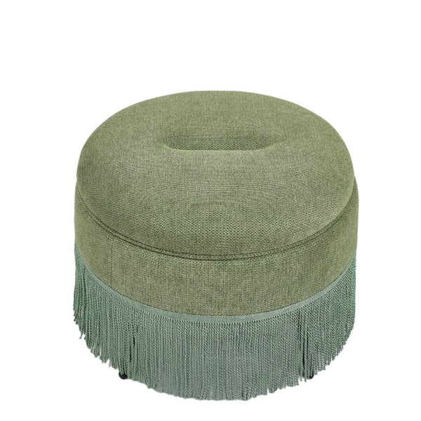 English Elm Round Fabric Storage Ottoman Bohemian Tassel Footstool for Living Room or Bedroom Green W5501P548372