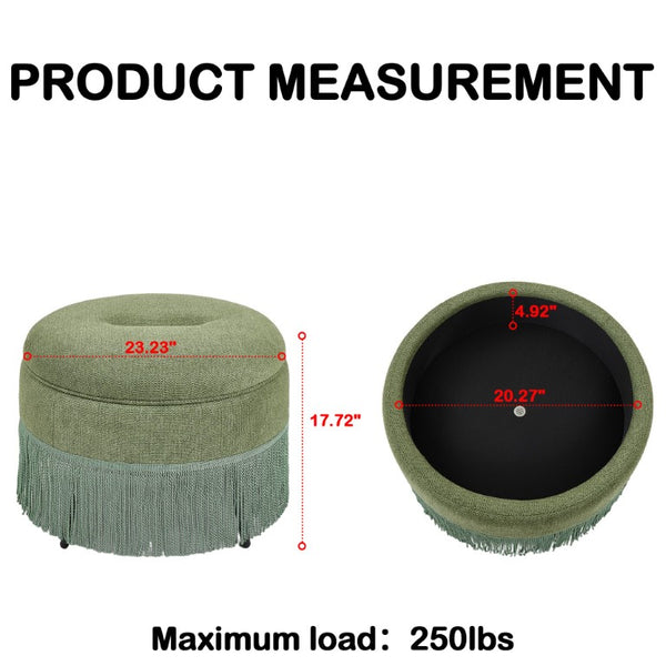 English Elm Round Fabric Storage Ottoman Bohemian Tassel Footstool for Living Room or Bedroom Green W5501P548372