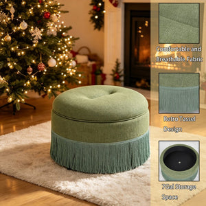 English Elm Round Fabric Storage Ottoman Bohemian Tassel Footstool for Living Room or Bedroom Green W5501P548372