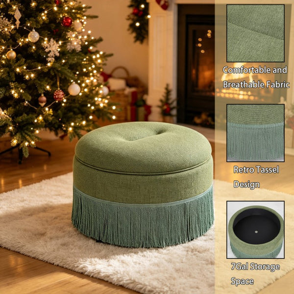 English Elm Round Fabric Storage Ottoman Bohemian Tassel Footstool for Living Room or Bedroom Green W5501P548372