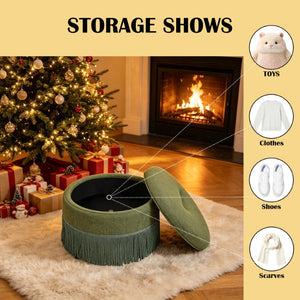 English Elm Round Fabric Storage Ottoman Bohemian Tassel Footstool for Living Room or Bedroom Green W5501P548372