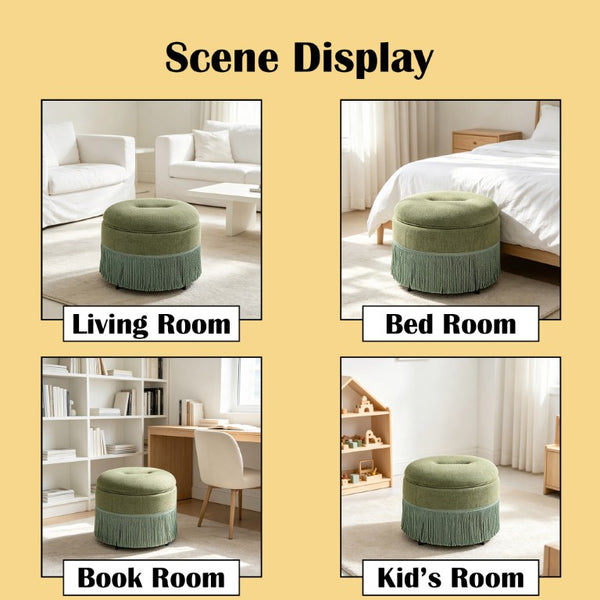 English Elm Round Fabric Storage Ottoman Bohemian Tassel Footstool for Living Room or Bedroom Green W5501P548372
