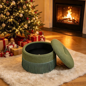 English Elm Round Fabric Storage Ottoman Bohemian Tassel Footstool for Living Room or Bedroom Green W5501P548372