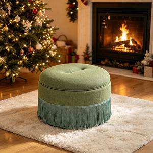 English Elm Round Fabric Storage Ottoman Bohemian Tassel Footstool for Living Room or Bedroom Green W5501P548372