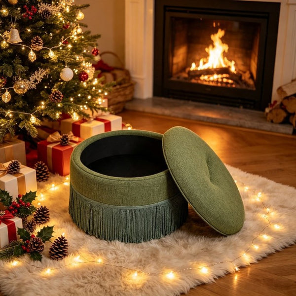English Elm Round Fabric Storage Ottoman Bohemian Tassel Footstool for Living Room or Bedroom Green W5501P548372