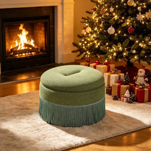 English Elm Round Fabric Storage Ottoman Bohemian Tassel Footstool for Living Room or Bedroom Green W5501P548372
