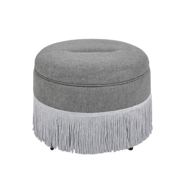 English Elm Round Fabric Storage Ottoman Bohemian Tassel Footstool for Living Room or Bedroom Grey W5501P548375