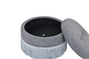 English Elm Round Fabric Storage Ottoman Bohemian Tassel Footstool for Living Room or Bedroom Grey W5501P548375