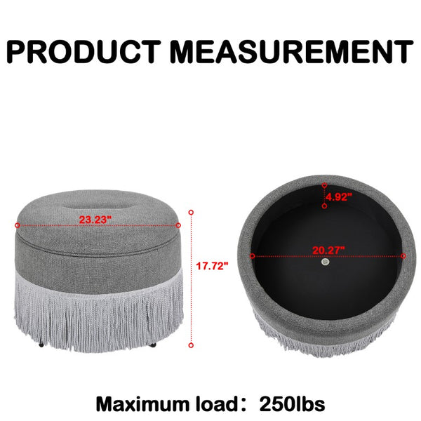 English Elm Round Fabric Storage Ottoman Bohemian Tassel Footstool for Living Room or Bedroom Grey W5501P548375