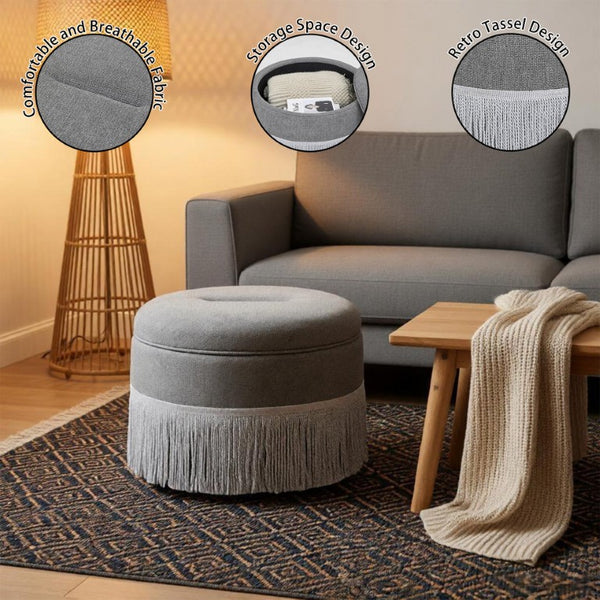 English Elm Round Fabric Storage Ottoman Bohemian Tassel Footstool for Living Room or Bedroom Grey W5501P548375