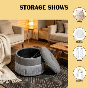 English Elm Round Fabric Storage Ottoman Bohemian Tassel Footstool for Living Room or Bedroom Grey W5501P548375