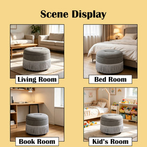 English Elm Round Fabric Storage Ottoman Bohemian Tassel Footstool for Living Room or Bedroom Grey W5501P548375