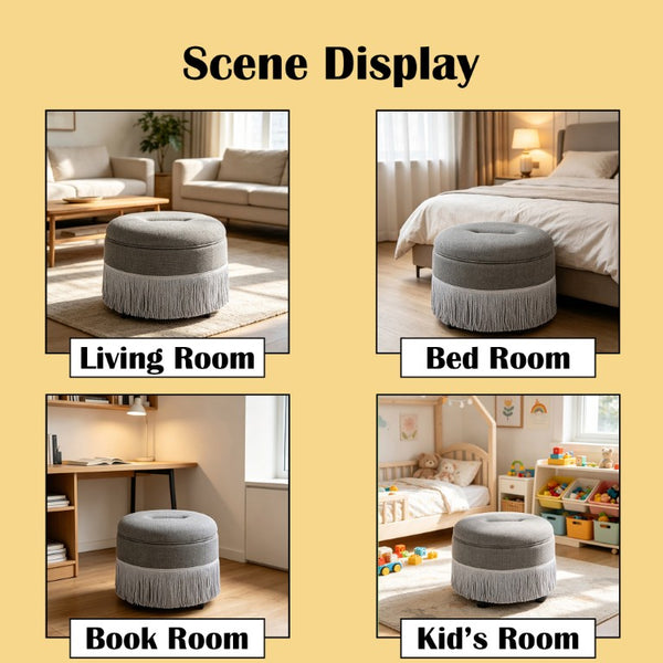 English Elm Round Fabric Storage Ottoman Bohemian Tassel Footstool for Living Room or Bedroom Grey W5501P548375