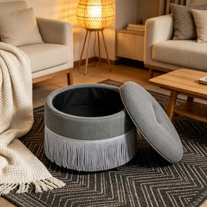 English Elm Round Fabric Storage Ottoman Bohemian Tassel Footstool for Living Room or Bedroom Grey W5501P548375