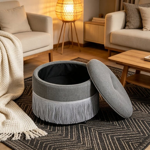English Elm Round Fabric Storage Ottoman Bohemian Tassel Footstool for Living Room or Bedroom Grey W5501P548375