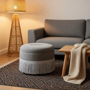 English Elm Round Fabric Storage Ottoman Bohemian Tassel Footstool for Living Room or Bedroom Grey W5501P548375