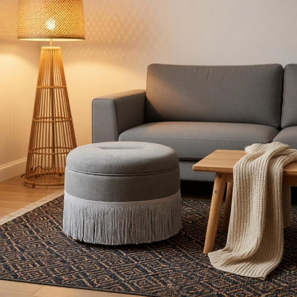 English Elm Round Fabric Storage Ottoman Bohemian Tassel Footstool for Living Room or Bedroom Grey W5501P548375