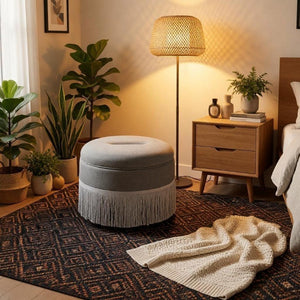 English Elm Round Fabric Storage Ottoman Bohemian Tassel Footstool for Living Room or Bedroom Grey W5501P548375