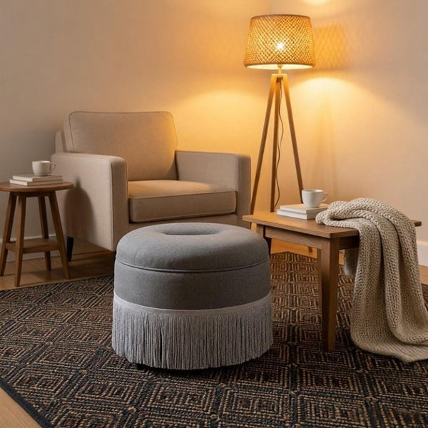 English Elm Round Fabric Storage Ottoman Bohemian Tassel Footstool for Living Room or Bedroom Grey W5501P548375