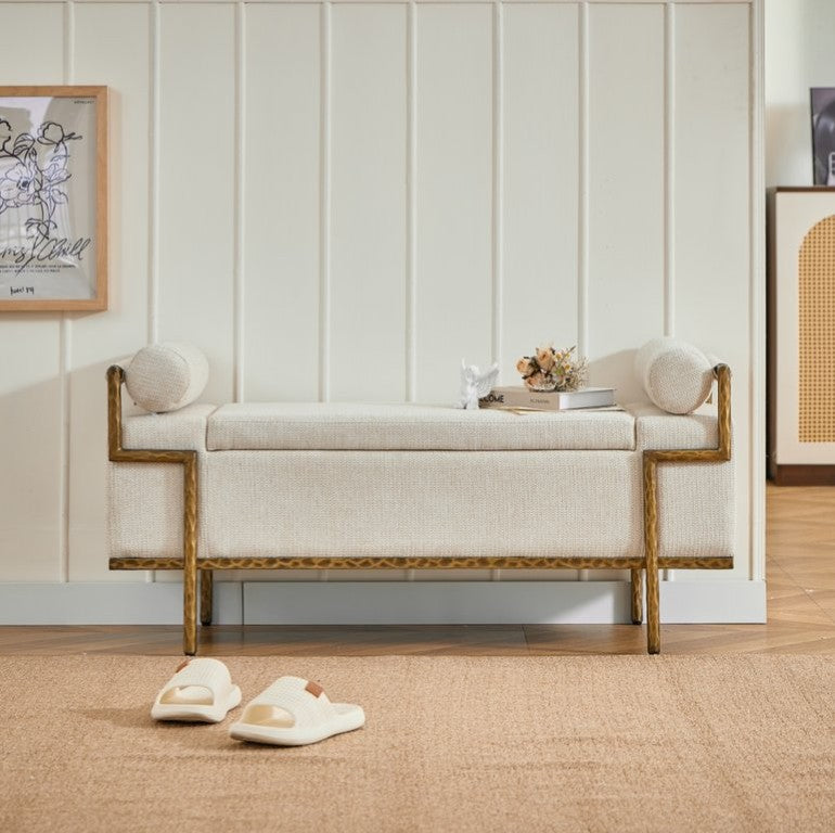 English Elm Square Brushed Brass Leg Storage Ottoman Bench with Hammered Iron Frame for Entryways Beige Forged Brass W5501P555488