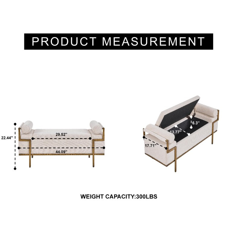 English Elm Square Brushed Brass Leg Storage Ottoman Bench with Hammered Iron Frame for Entryways Beige Forged Brass W5501P555488