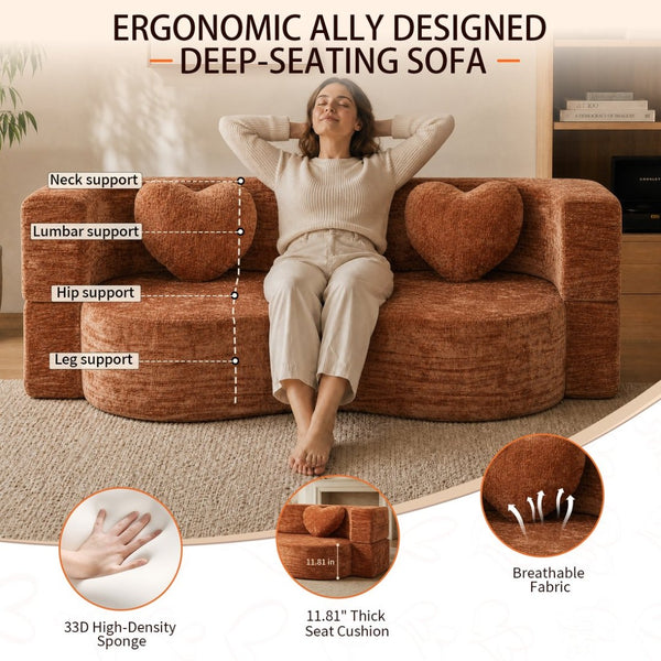 English Elm Heart-shaped Convertible Sofa Bed Sponge Fill Sculptural Lounge for Studio Apartment Orange W5502P516740