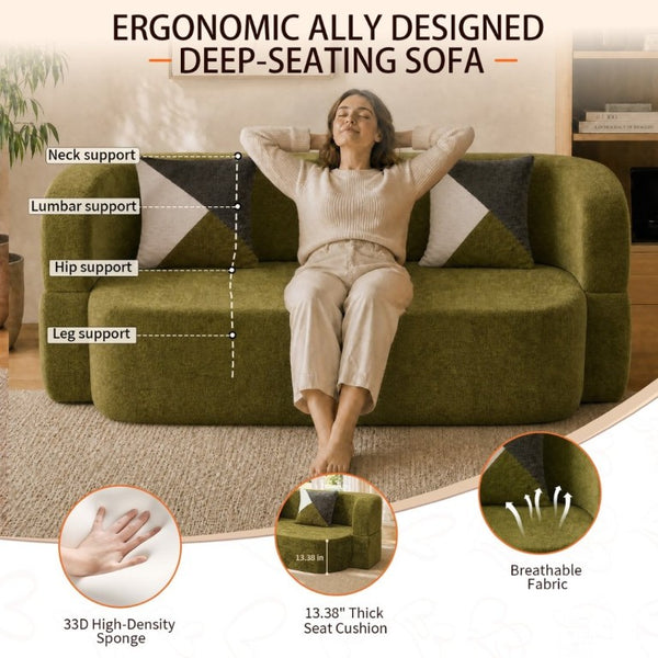 English Elm Eggshell Convertible Plush Sofa Bed with High Density Foam for Apartment Living Olive Green W5502P516744