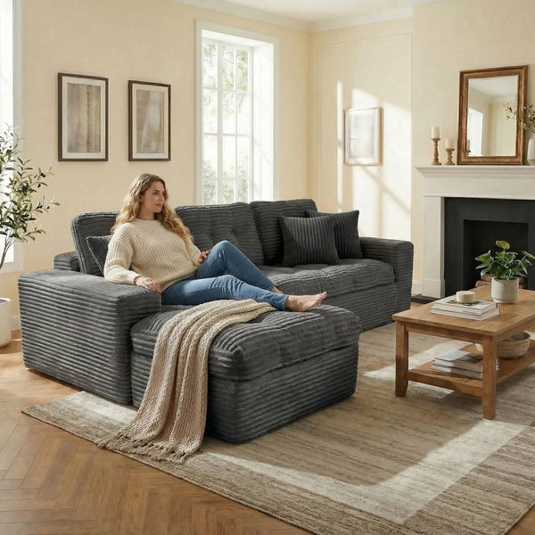 English Elm Modular Cloud Sofa with Ottoman Faux Fur Velvet All-foam Sectional for Living Room Blue Gray W5502S00011