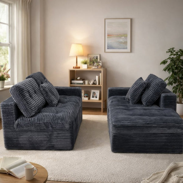 English Elm Modular Cloud Sofa with Ottoman Faux Fur Velvet All-foam Sectional for Living Room Blue Gray W5502S00011