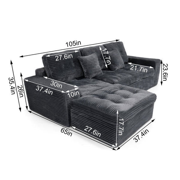 English Elm Modular Cloud Sofa with Ottoman Faux Fur Velvet All-foam Sectional for Living Room Blue Gray W5502S00011
